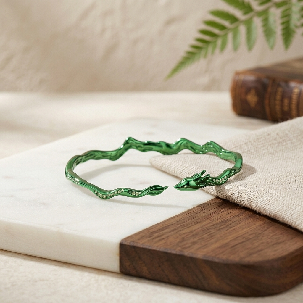 Emerald Enamel Gold Cuff Bracelet